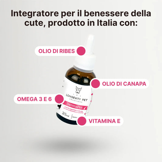 DermaPet con olio di ribes nero, olio di canapa, Omega 3 e Omega 6 e vitamina E