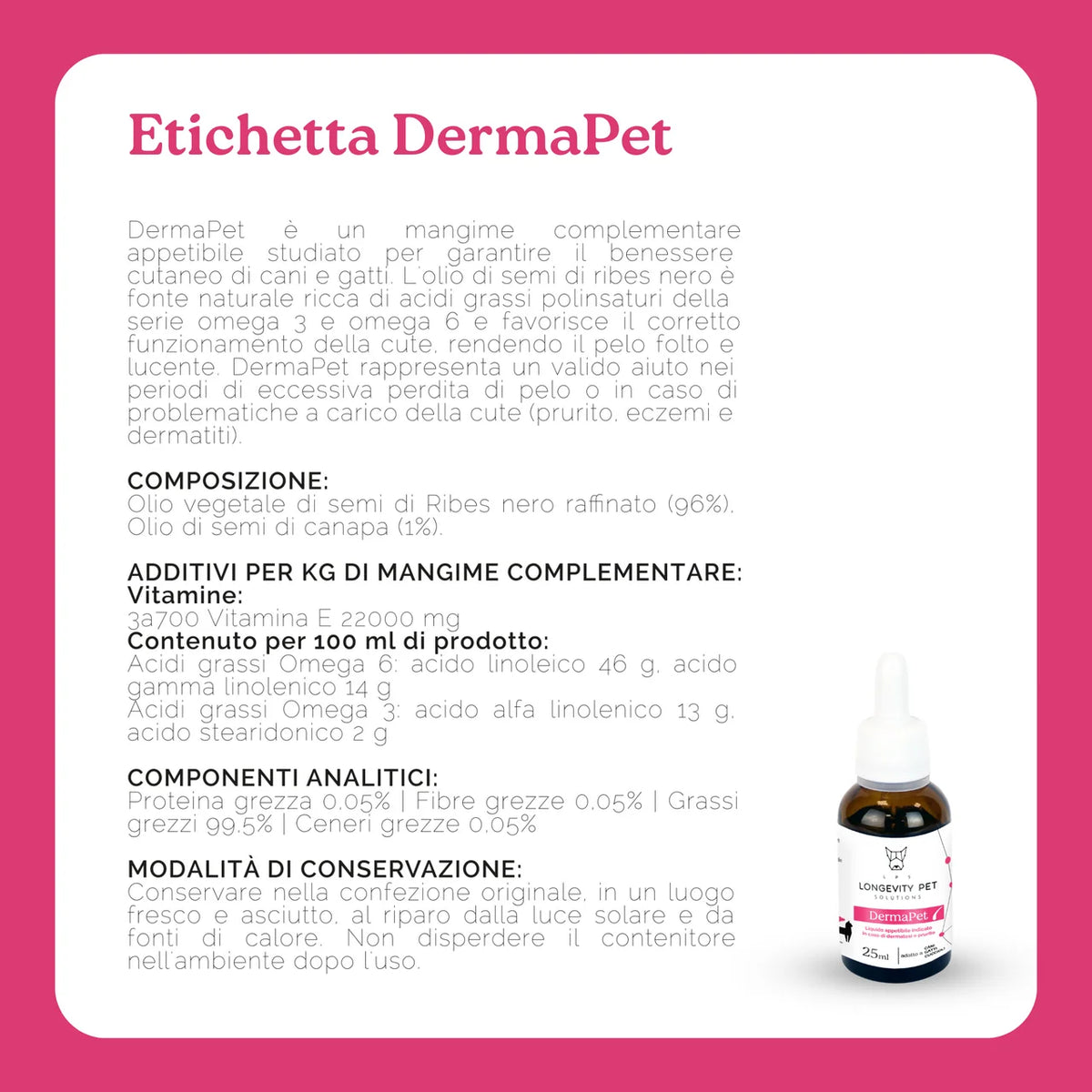 Etichetta DermaPet Longevity Pet con composizione e componenti analitici