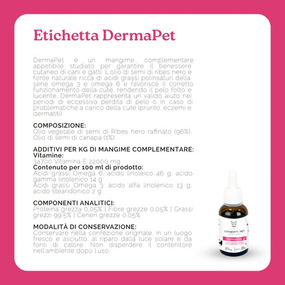 Etichetta DermaPet Longevity Pet con composizione e componenti analitici