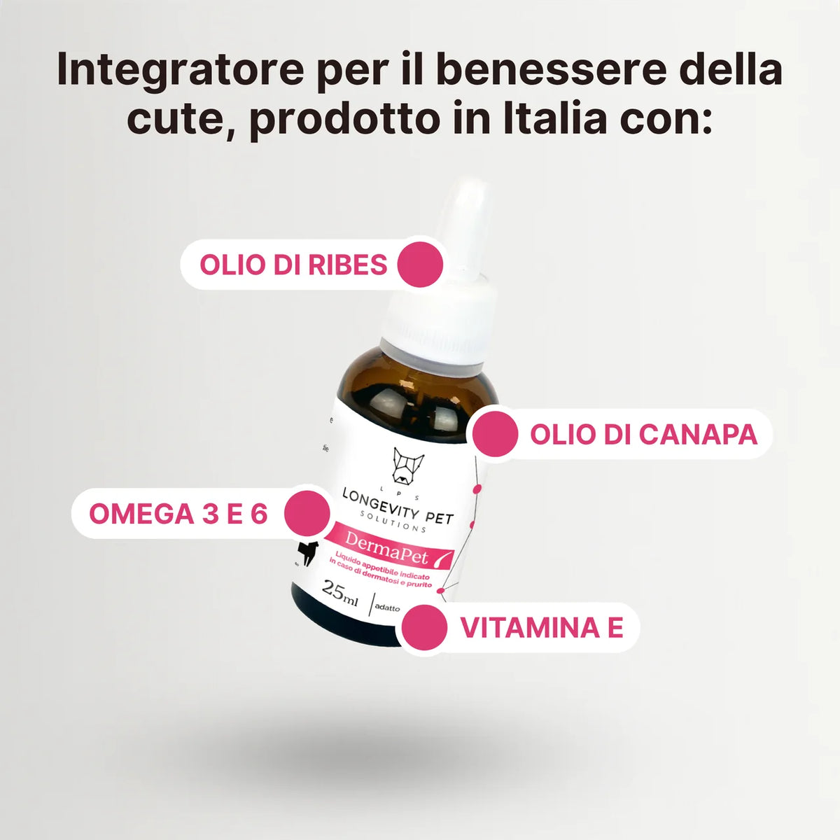 DermaPet con olio di ribes nero, olio di canapa, Omega 3 e Omega 6 e vitamina E