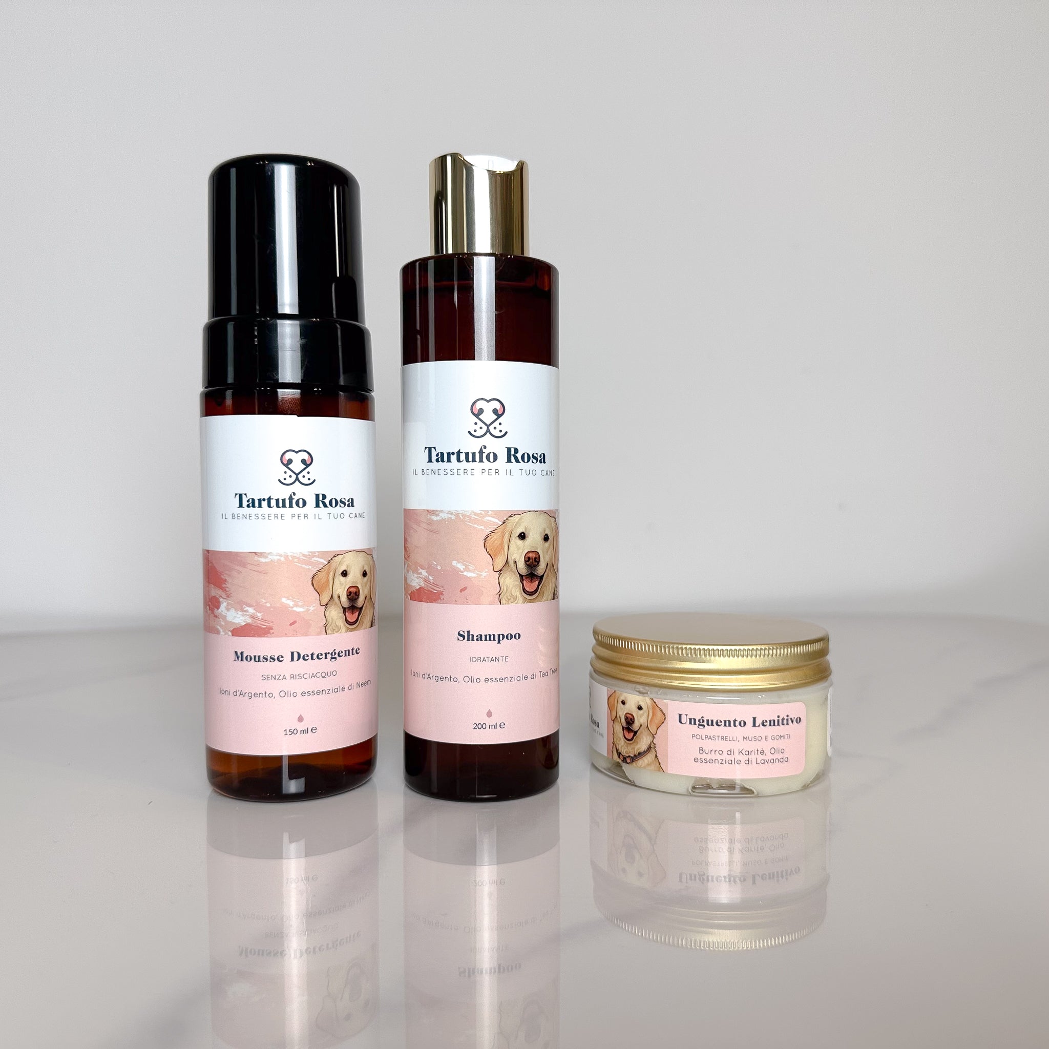 Tris di bellezza Tartufo Rosa per la cura del cane: mousse, shampoo e unguento