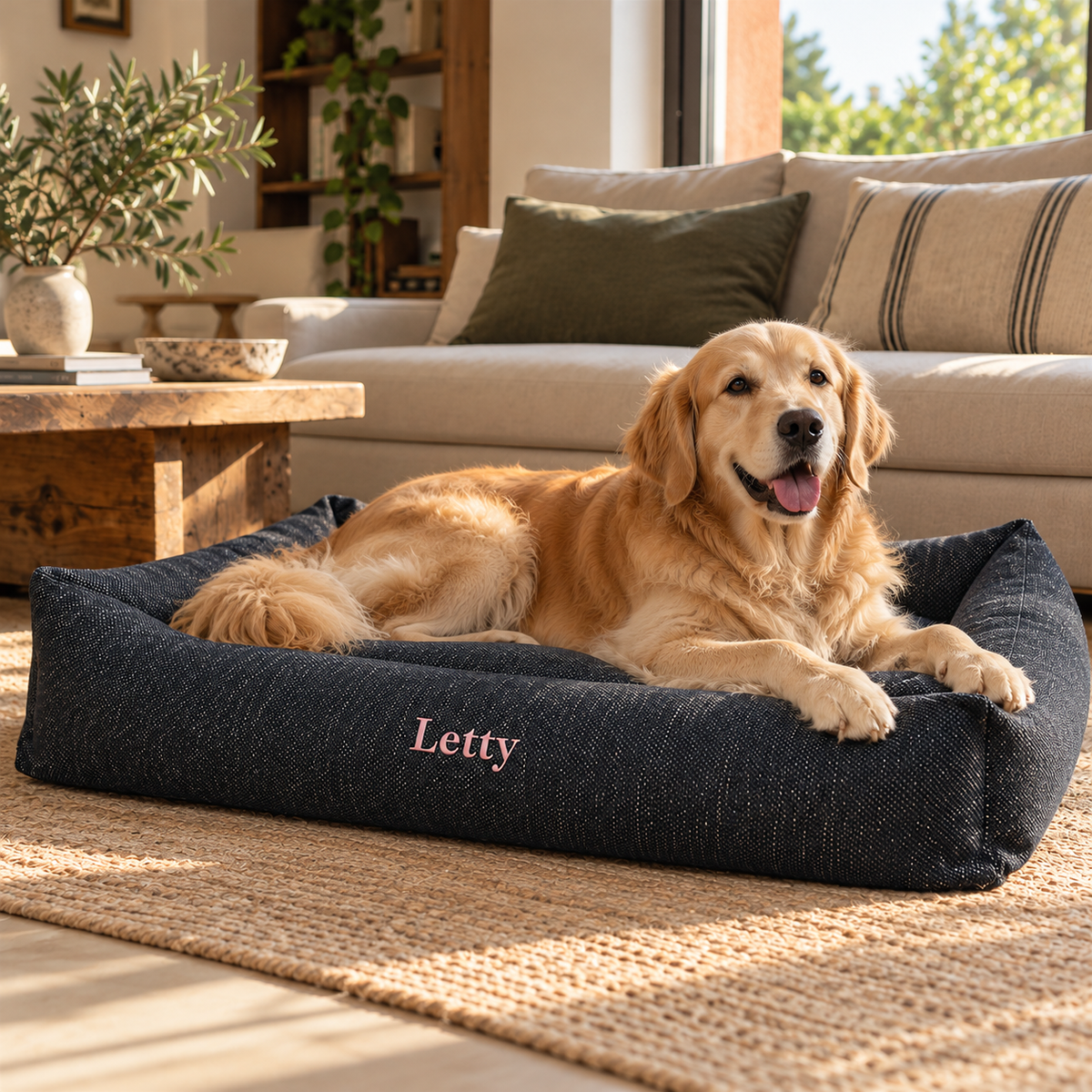 Ambientazione illustrativa Letty Artigianale L 110x70 con Golden Retriever in salotto