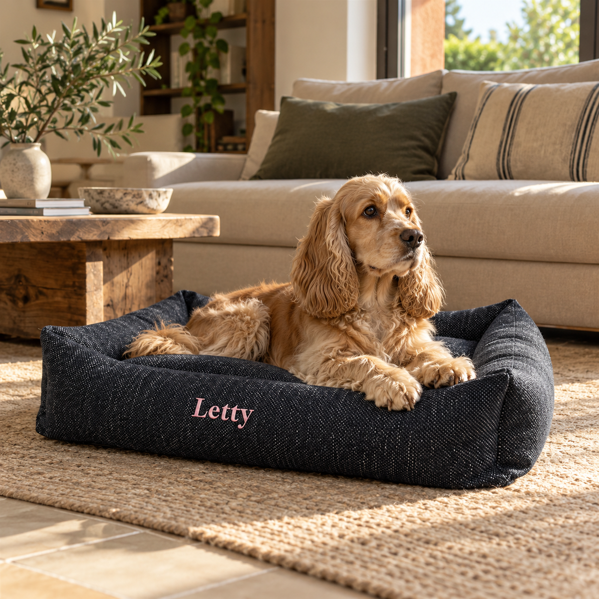 Ambientazione illustrativa: cane cocker spaniel su cuccia Letty Artigianale taglia M in salotto