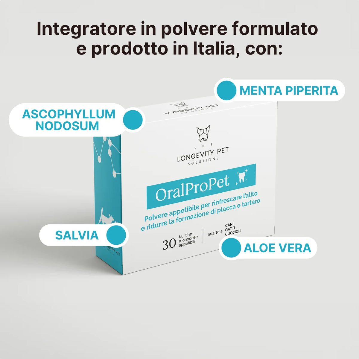 OralProPet con Ascophyllum nodosum, menta piperita, salvia e aloe vera