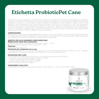 Etichetta ProbioticPet Cane Longevity Pet con composizione e istruzioni per l uso