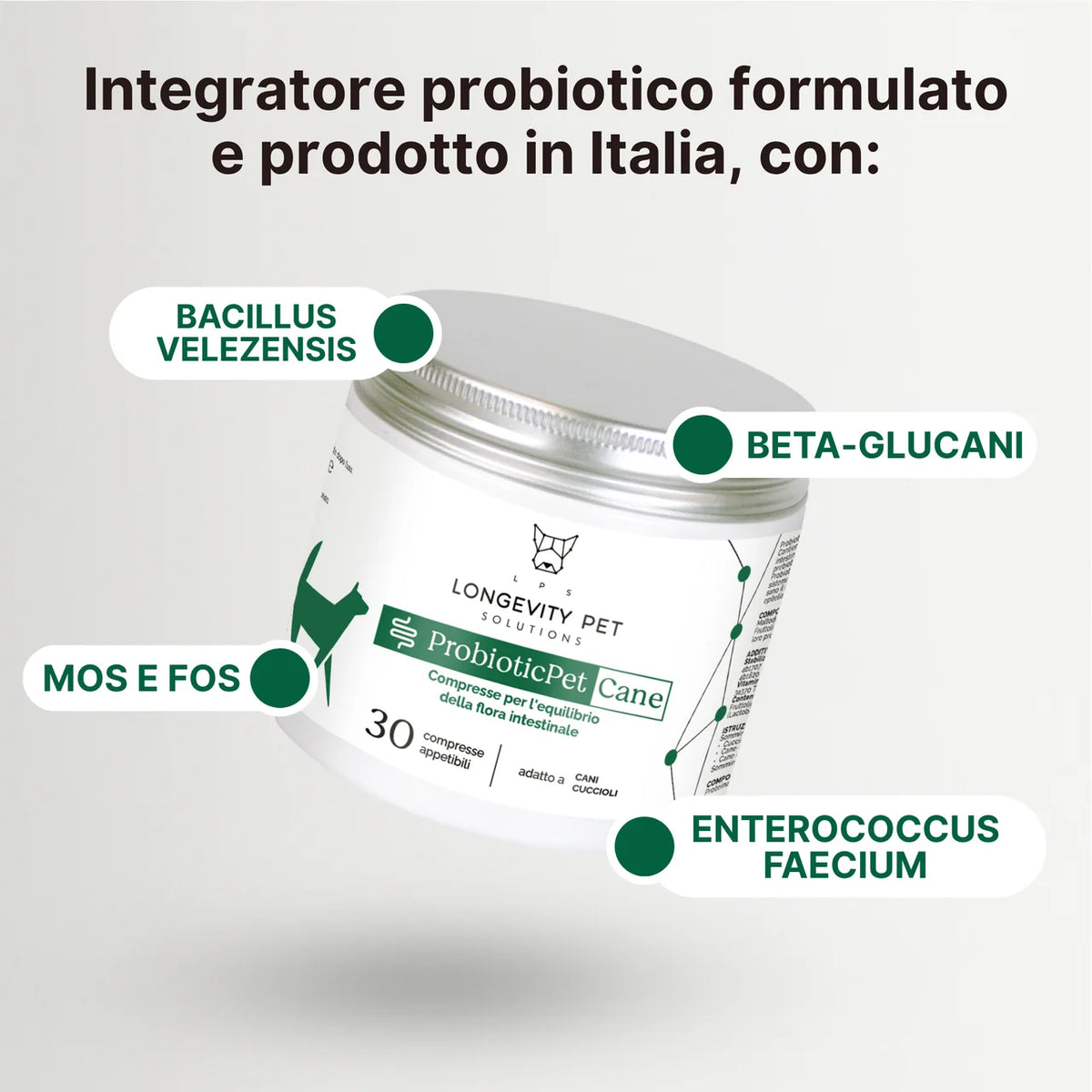 ProbioticPet Cane con Bacillus velezensis, Enterococcus faecium, MOS FOS e beta-glucani